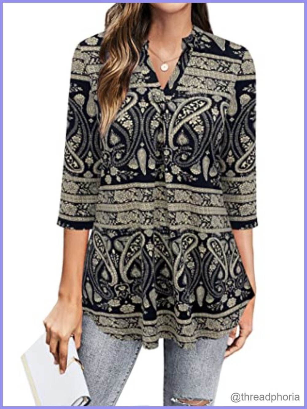 Womens 3/4 Sleeve V Neck Pleated Front Tunic Blouse Business Work Top